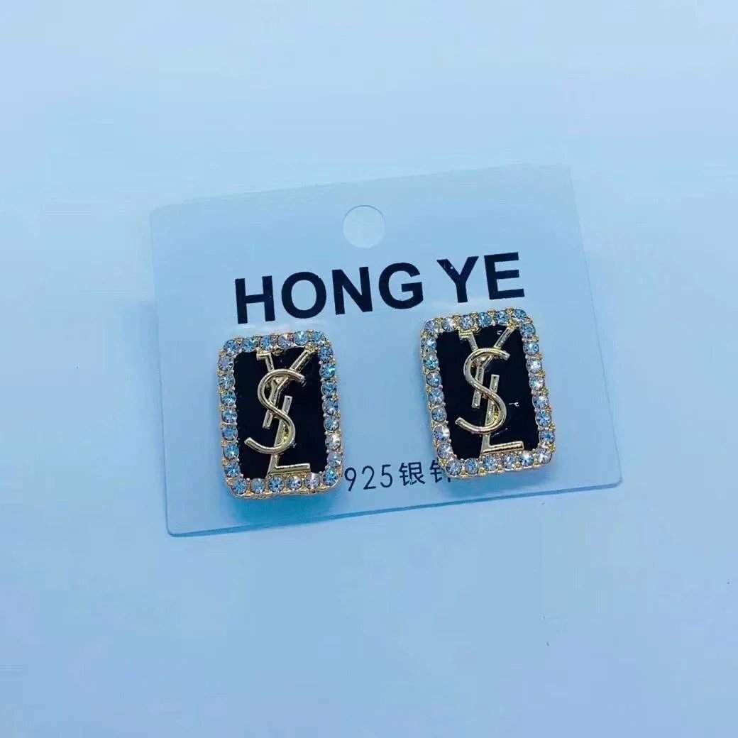 YSL Monogram Rectangular Crystal-Embellished Stud Earrings Black - 3
