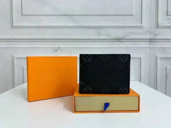 Design Bifold Wallet Black Leather with Orange Packaging Short Wallet - 6