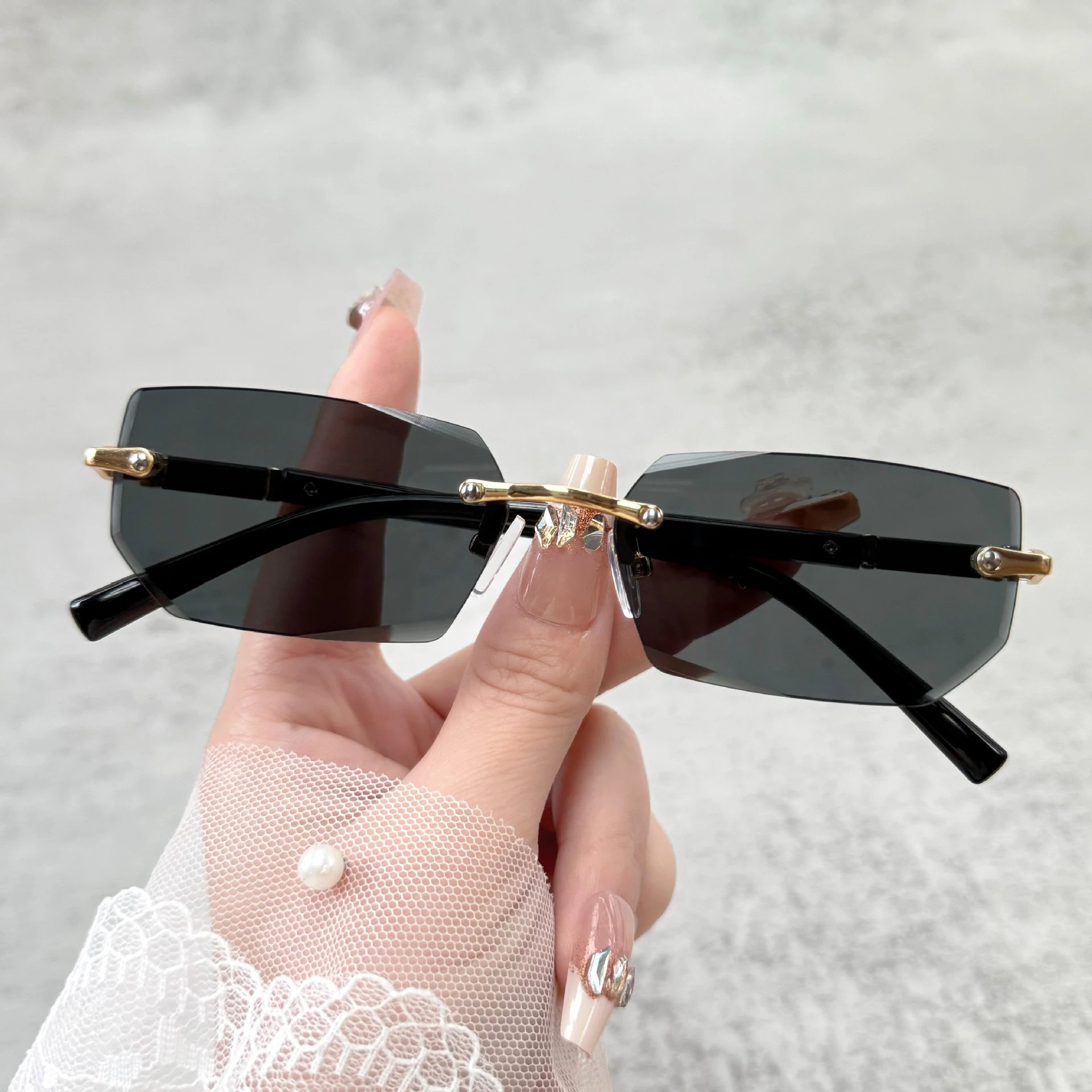 New Style Cross-Border High-End Business Men's Sunglasses Diamond Cut Rimless Square Frame