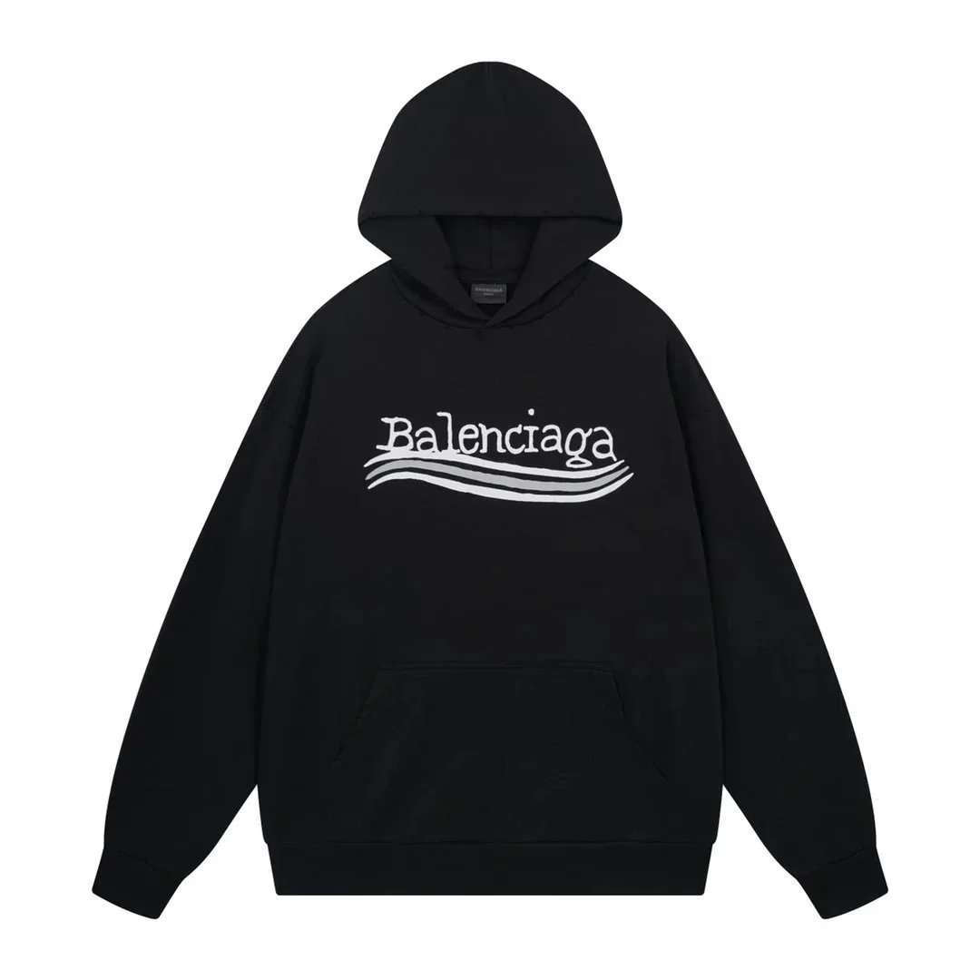 Balenciaga Black Hoodie with Wavy Logo Print - 132149