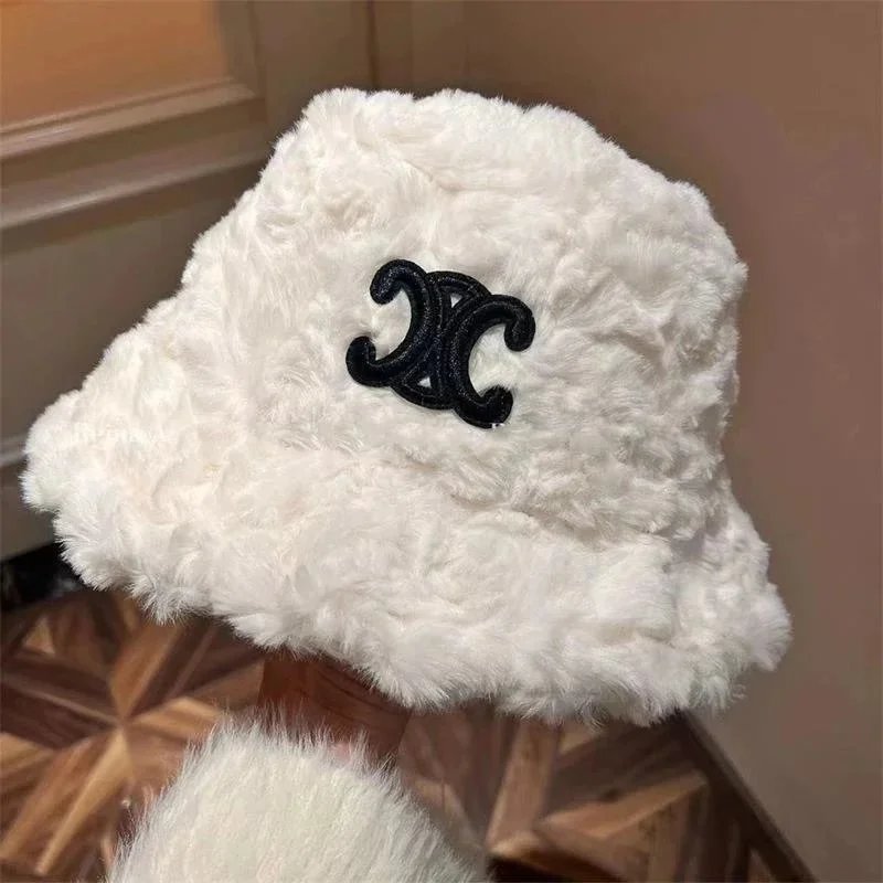 Chanel White Faux Fur Bucket Hat with Interlocking CC Logo - 197856