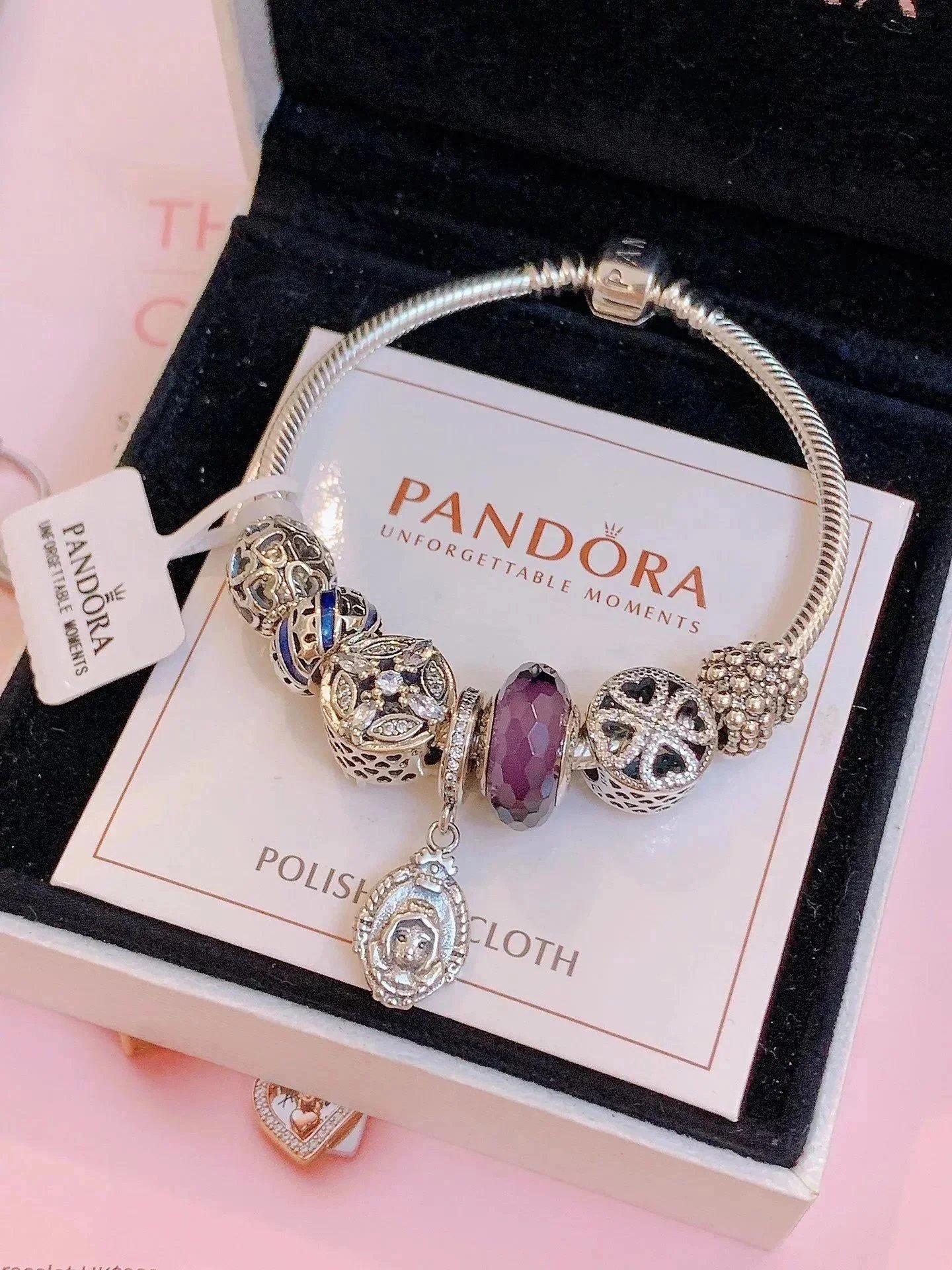 Pandora Silver Snake Chain Bracelet with Purple Charm & Filigree Beads
