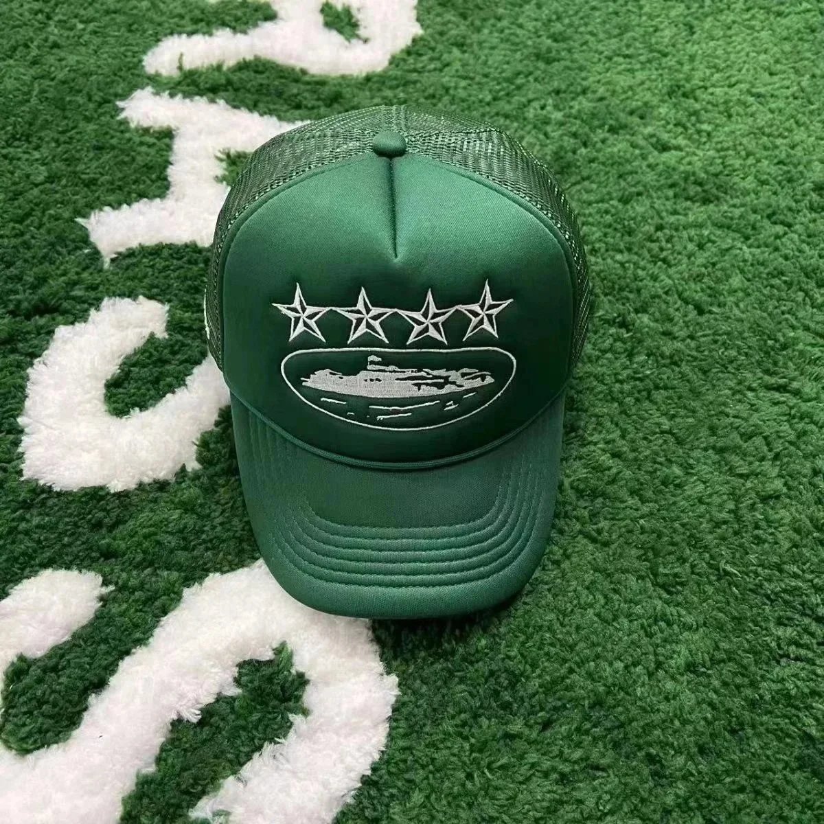 Military-Style Green Trucker Hat with Four-Star Submarine Embroidery - 197995
