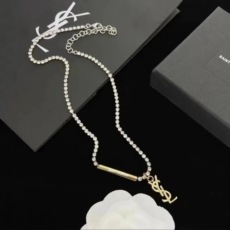 Saint Laurent Monogram YSL Crystal Chain Necklace Gold