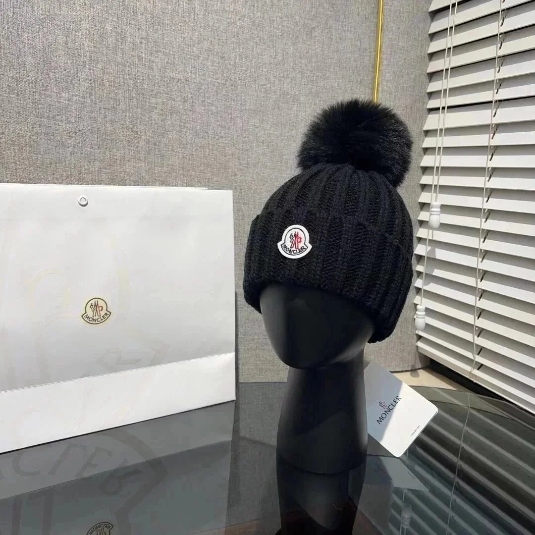 Moncler Black Ribbed Knit Beanie with Fur Pom-Pom