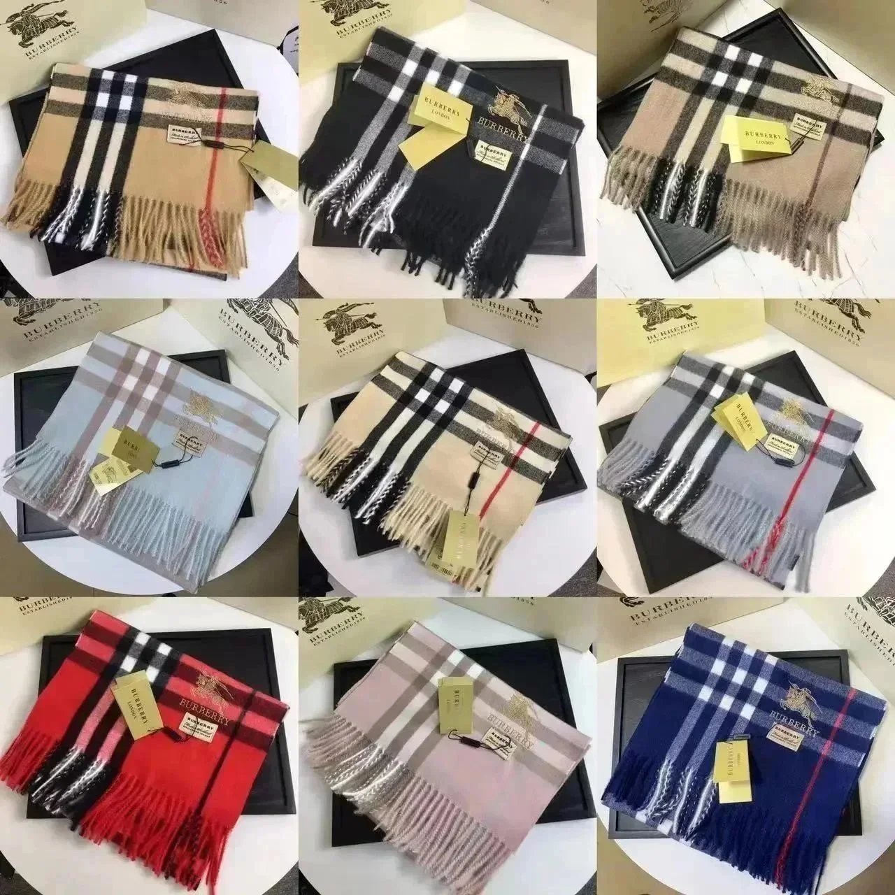 Burberry Classic Check Wool Scarf - Camel Black Red Fringe - 199560