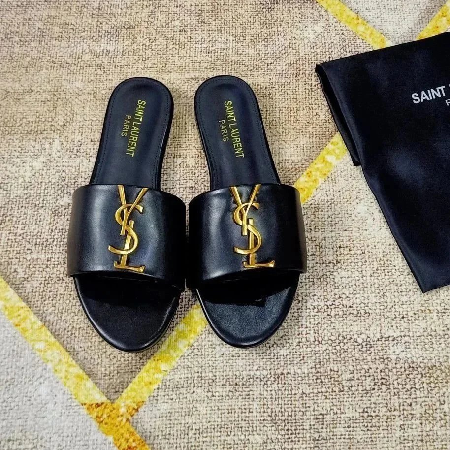 Saint Laurent Tribute Slide Sandals Black Gold Logo