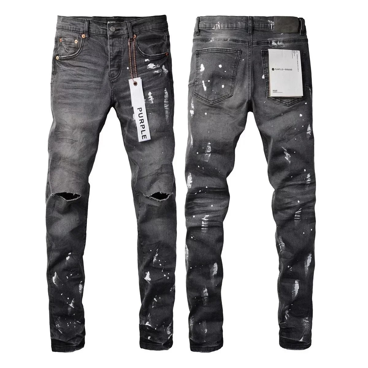 Purple Brand Purple Brand Distressed Slim Fit Jeans with Paint Splatter Design Black