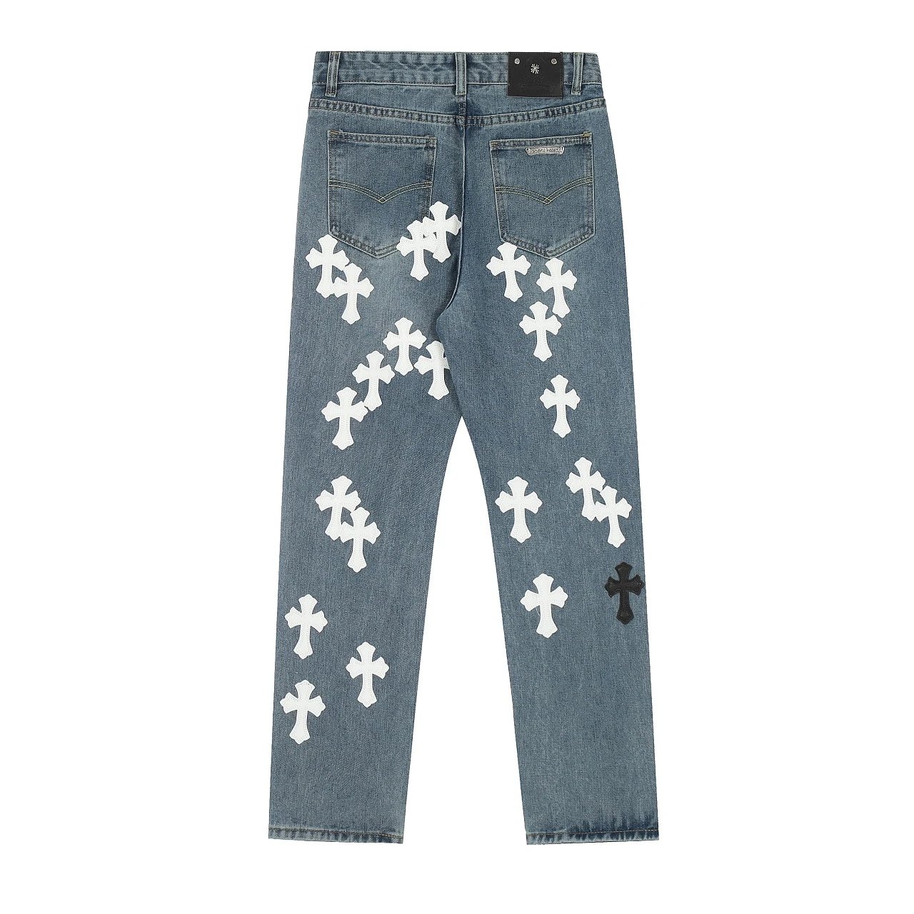 Chrome Hearts — Black & White Color-block Straight-Leg Jeans with Leather Cross Patches and Washed/Distressed Finish - rep spodnie