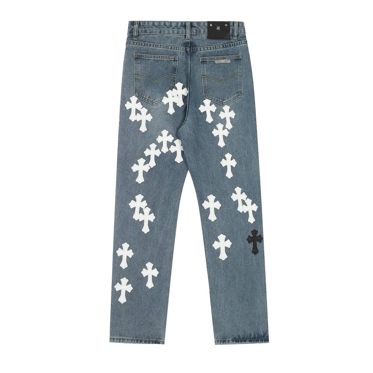 Chrome Hearts — Black & White Color-block Straight-Leg Jeans with Leather Cross Patches and Washed/Distressed Finish