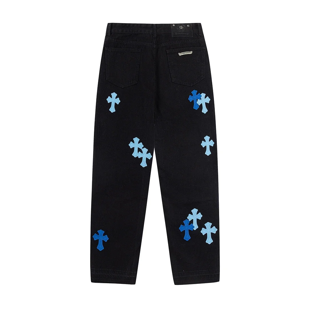Chrome Hearts — Black Straight-Leg Jeans with Blue Contrast Leather Cross Patches