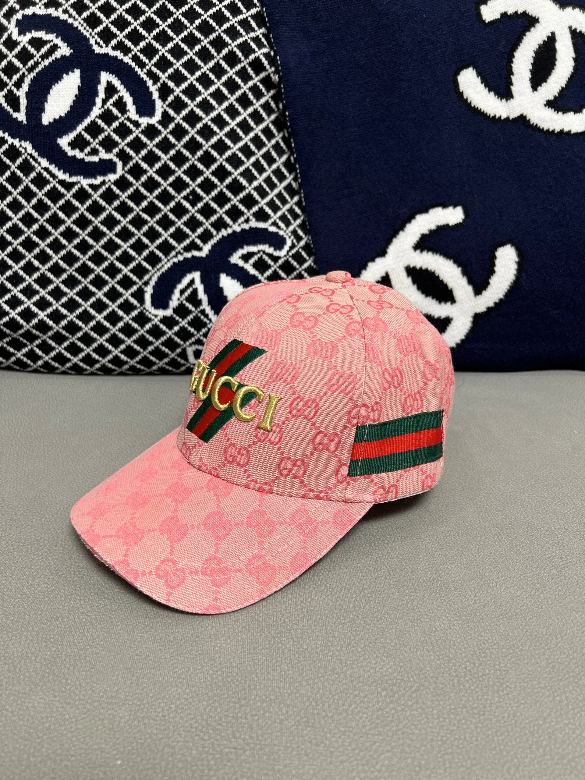 GUCCI Pink GG Monogram Webbing Baseball Cap