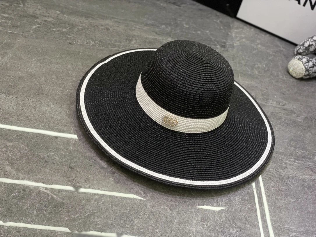 Rhinestone Double-G Wide Brim Straw Sun Hat - rep czapki