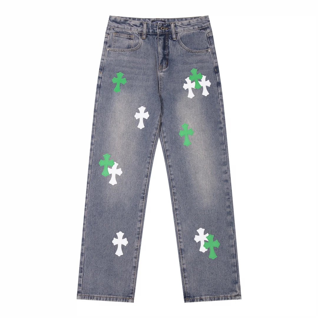 Chrome Hearts — Black & White Color-block Straight-Leg Jeans with Leather Cross Patches and Washed/Distressed Finish - rep spodnie