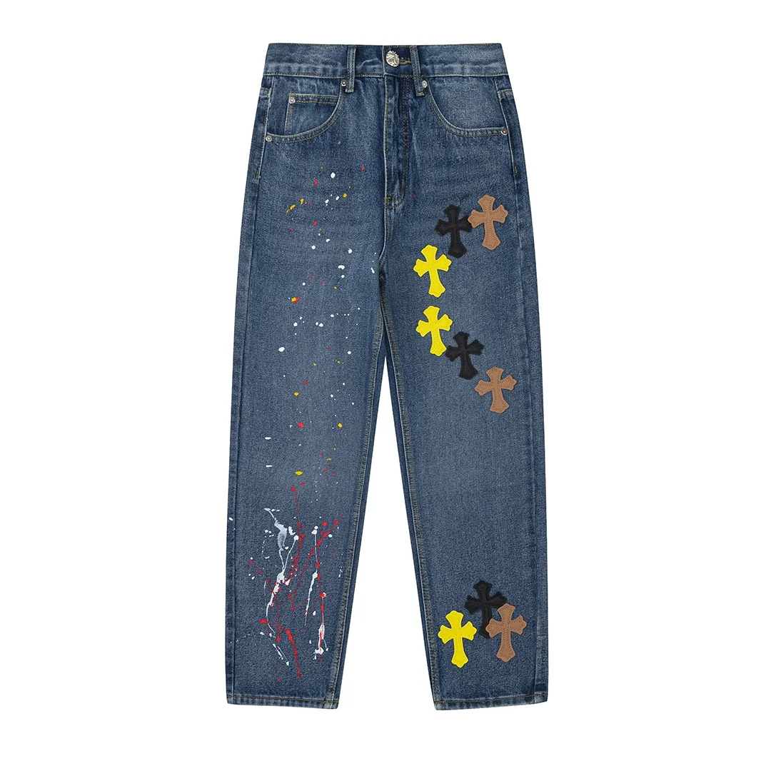Chrome Hearts — Color-Block Leather Cross Patches, Splatter-Paint Graffiti, Washed Straight-Leg Jeans