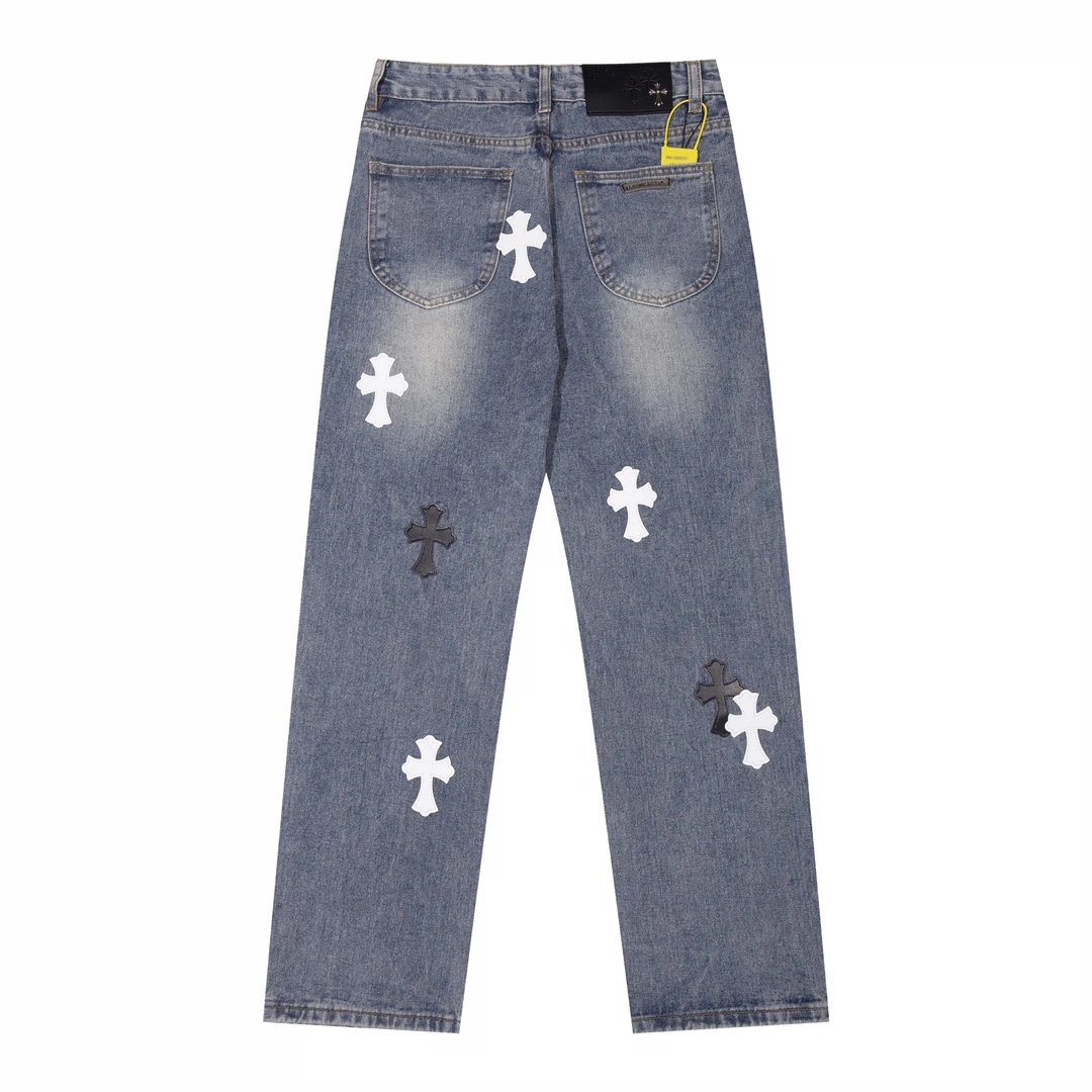 Chrome Hearts — Black & White Color-block Straight-Leg Jeans with Leather Cross Patches and Washed/Distressed Finish - rep spodnie