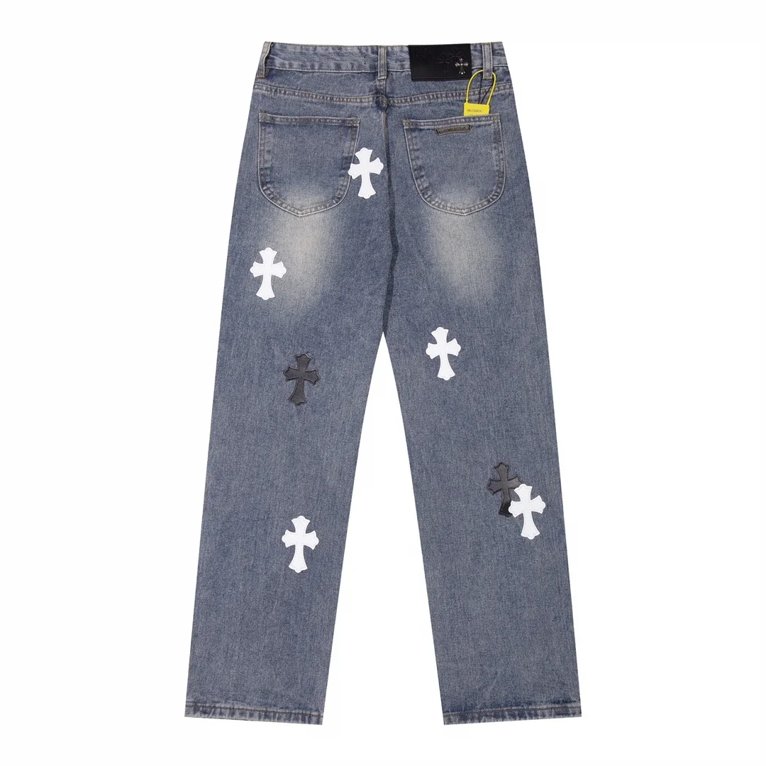 Chrome Hearts — Black & White Color-block Straight-Leg Jeans with Leather Cross Patches and Washed/Distressed Finish