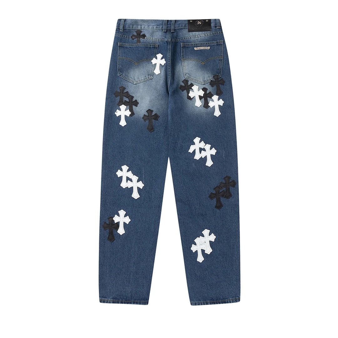 Chrome Hearts — Black & White Color-block Straight-Leg Jeans with Leather Cross Patches and Washed/Distressed Finish - rep spodnie