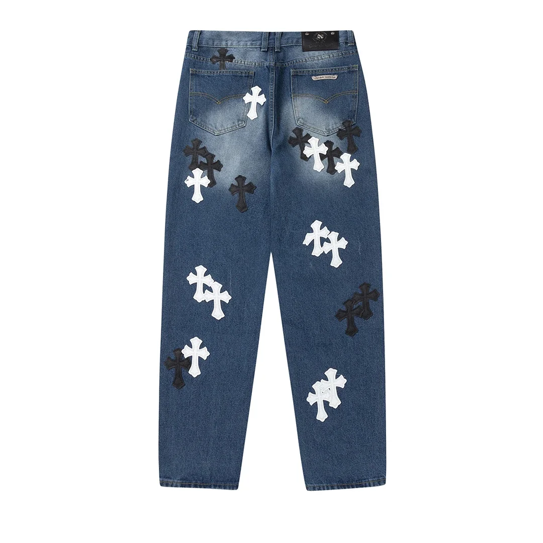Chrome Hearts — Black & White Color-block Straight-Leg Jeans with Leather Cross Patches and Washed/Distressed Finish
