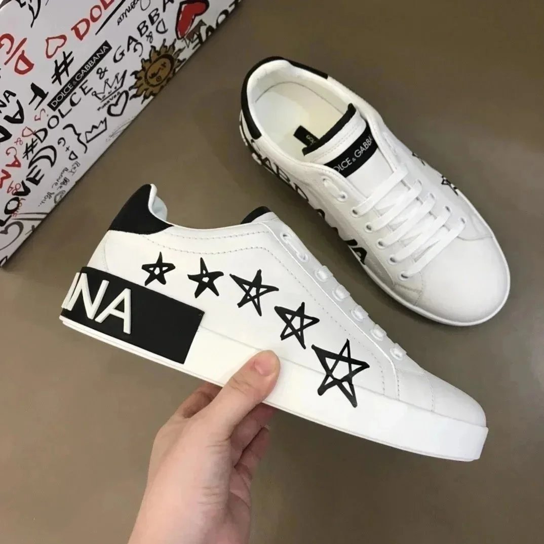 Dolce & Gabbana Logo-Embellished White Leather Sneakers with Gold Accents - 10