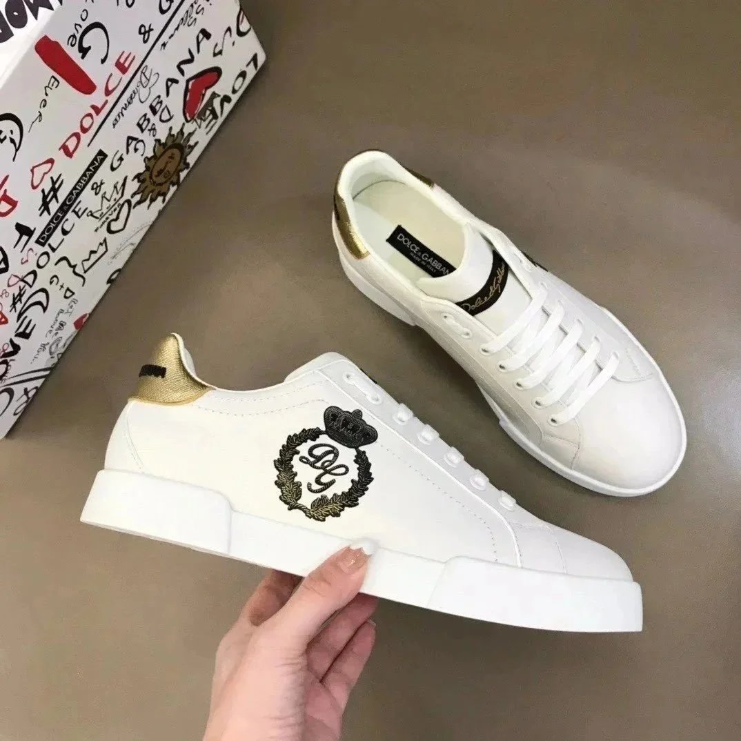 Dolce & Gabbana Logo-Embellished White Leather Sneakers with Gold Accents - 8