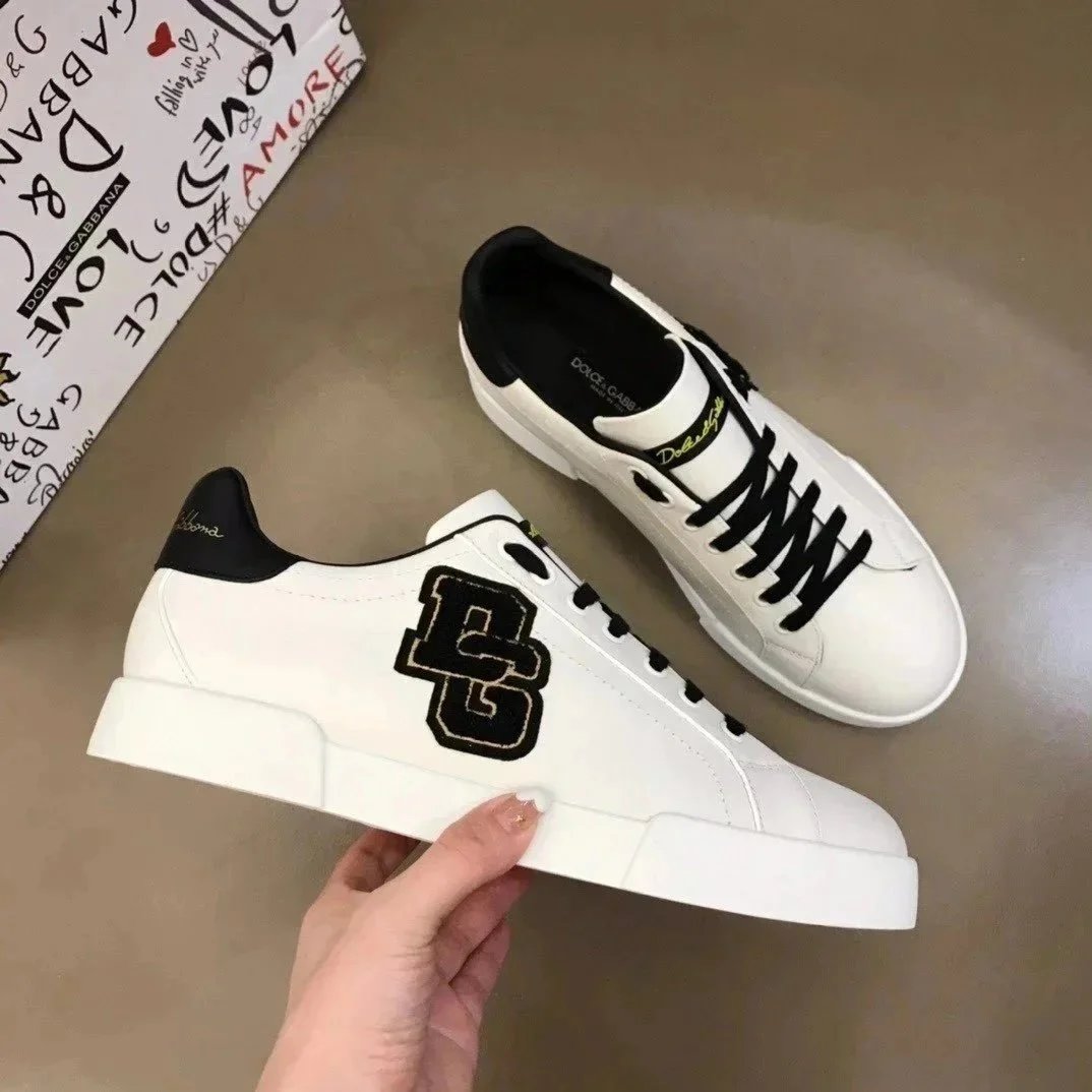 Dolce & Gabbana Logo-Embellished White Leather Sneakers with Gold Accents - 9