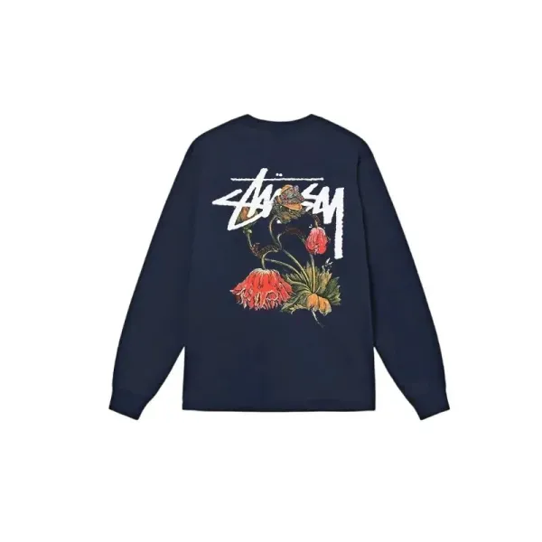 Stüssy Floral Logo Long Sleeve T-Shirt Navy - 1