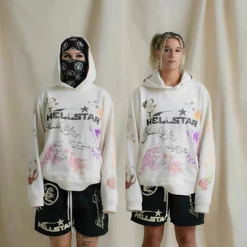 跨境欧高街HELL新款地狱之星骷髅涂鸦加绒宽松连帽卫衣男女帽衫潮