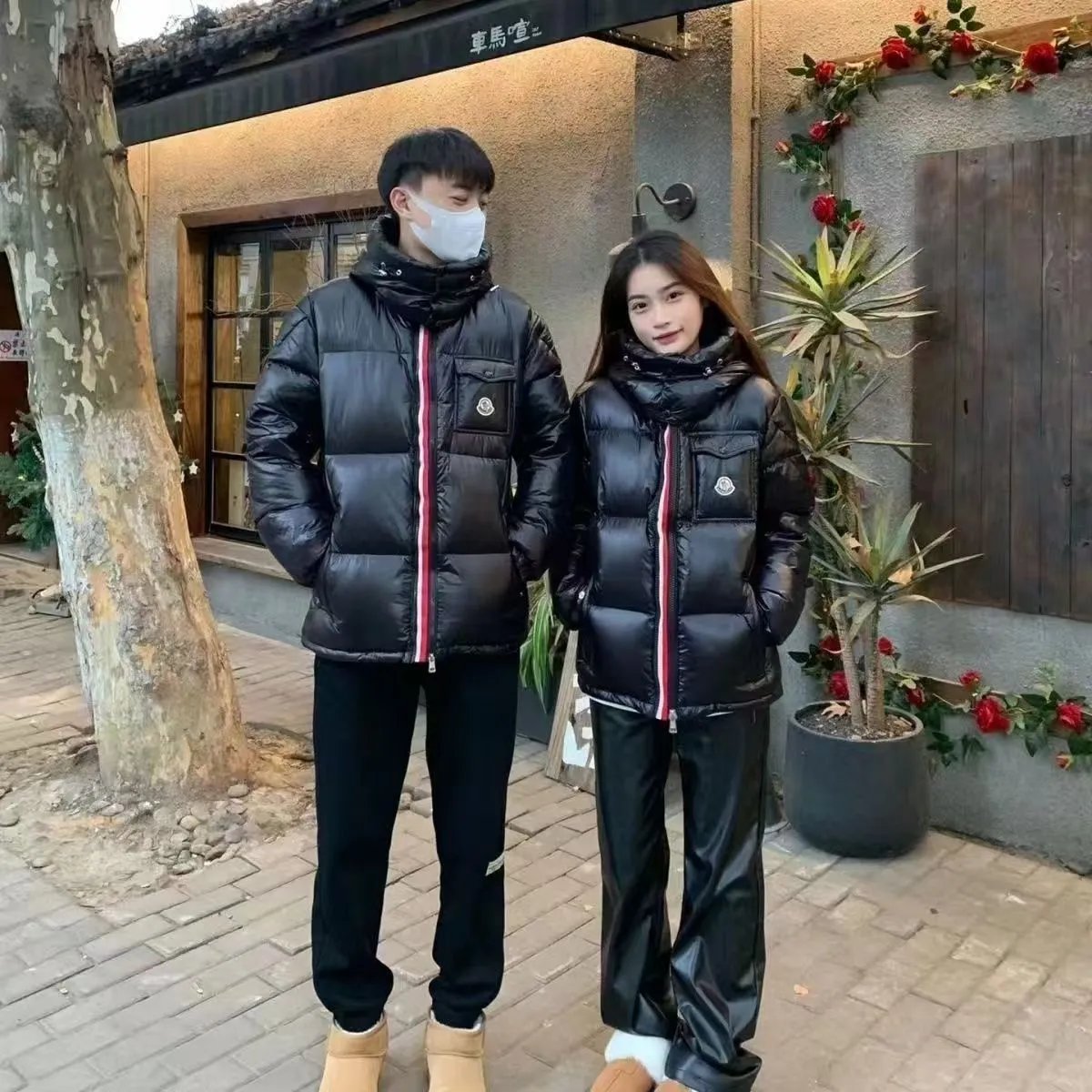跨境爆款蒙家彩虹条三色织带2025冬季羽绒棉服男女同款连帽面包服