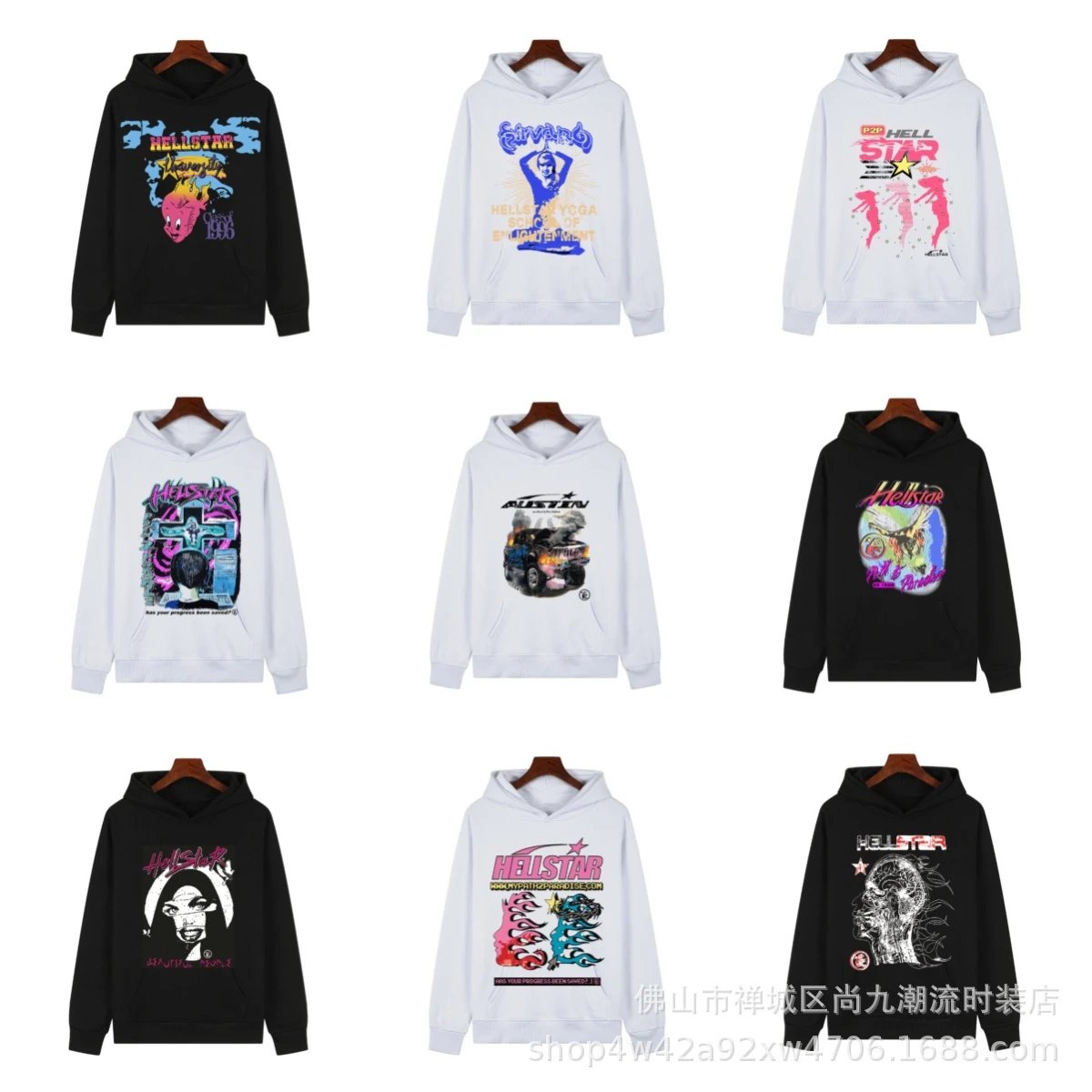 hot-selling+5跨境外贸款货源秋冬美潮地狱之星嘻哈个性印花毛圈重磅连帽卫衣
