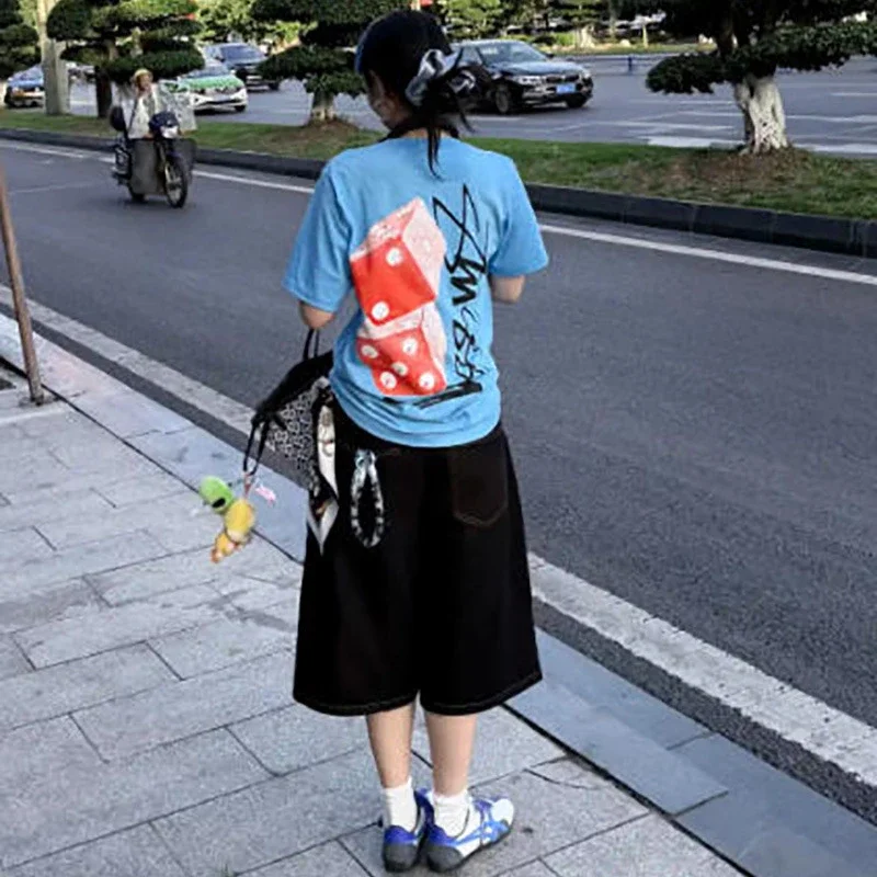 跨境美式高街潮流骰子鲨鱼短袖T恤男女夏季宽松休闲百搭圆领STU西