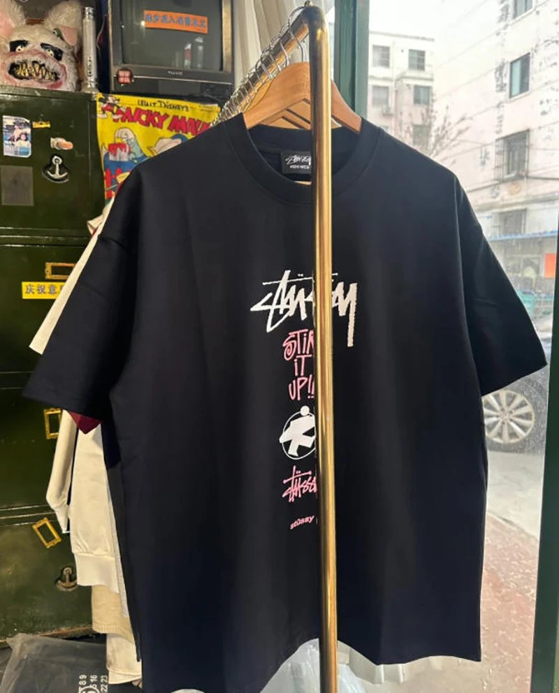 跨境爆款欧美潮流小众设计感春夏短袖T恤男女同款宽松重磅纯棉STU