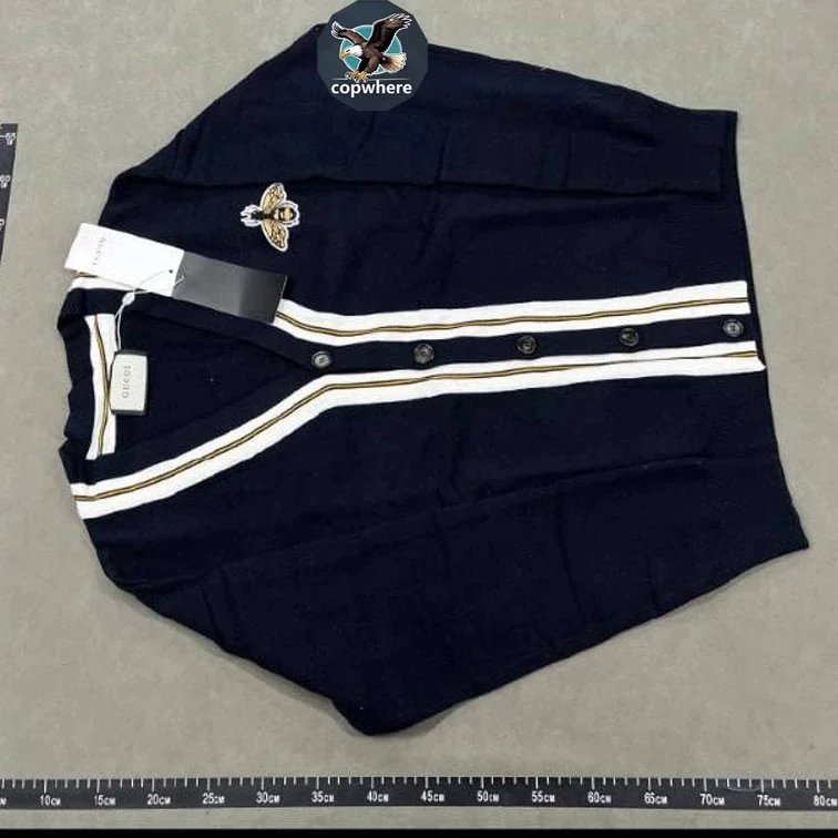 Gucci Bee Embroidered Stripe Knit Cardigan Navy