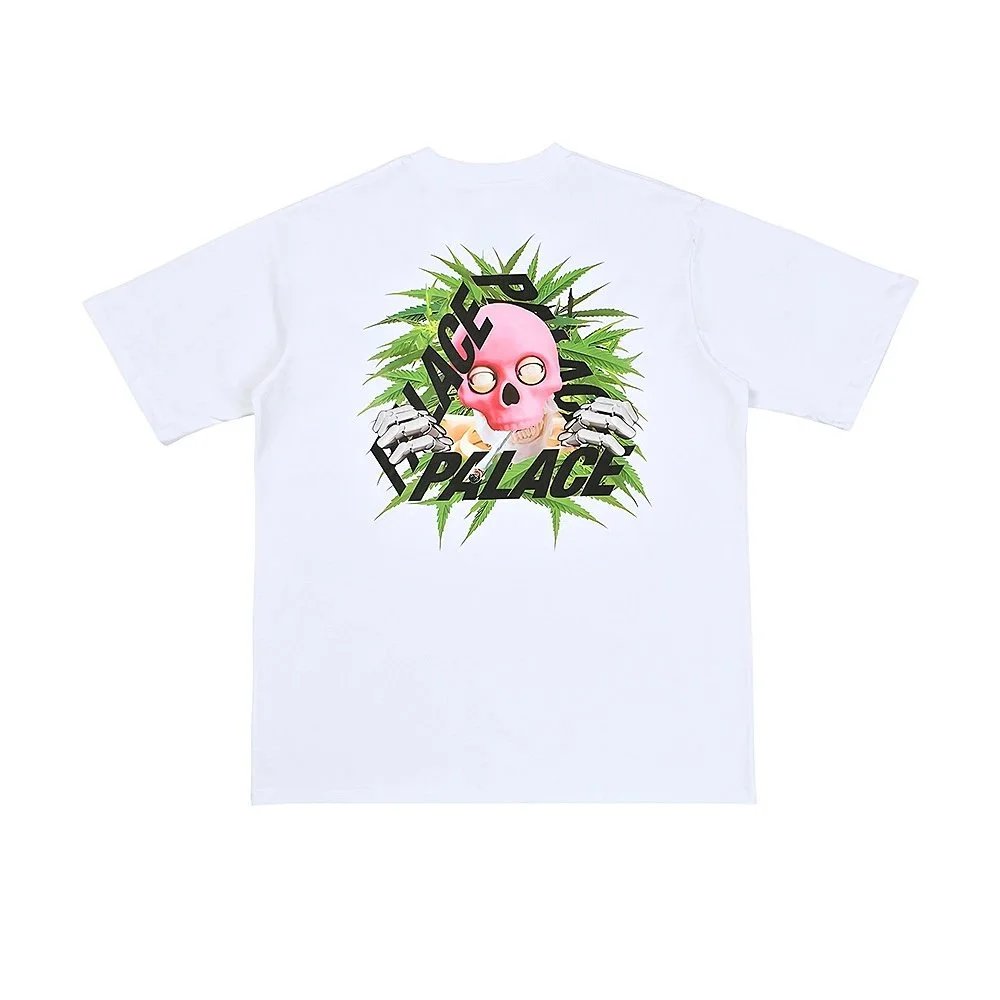 Palace Palace White T-Shirt with Pink Skull and Cannabis Leaf Design White