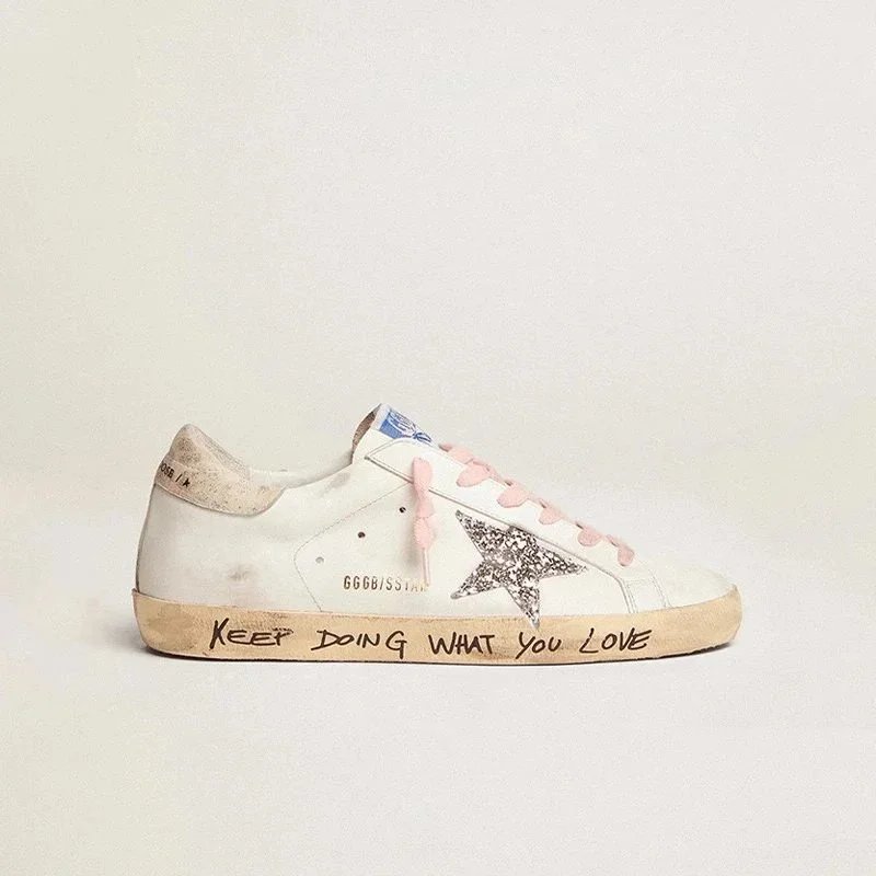 Golden Goose Golden Goose Superstar Sneakers in White with Glitter Star and Pink Laces White