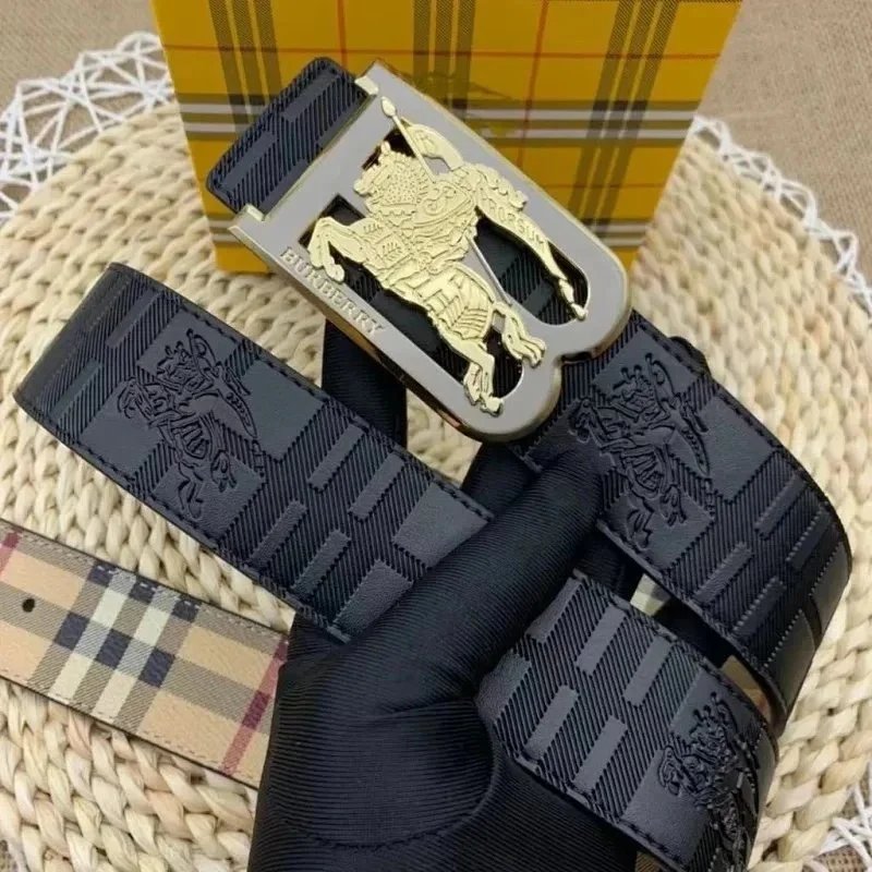 Burberry Black Check Belt with Gold Equestrian Knight Buckle Black
