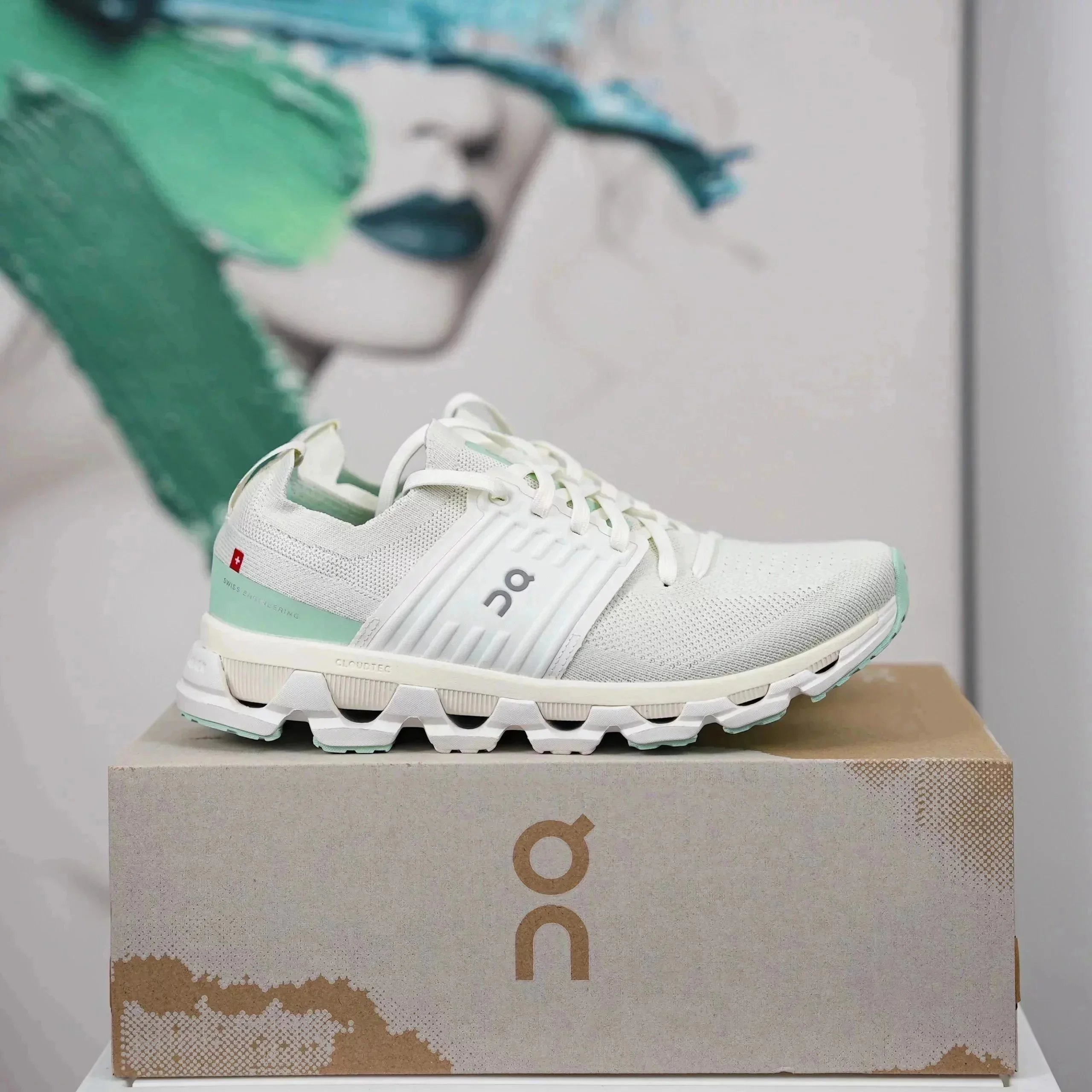 On On Cloudflow Running Shoes in White/Mint Green White