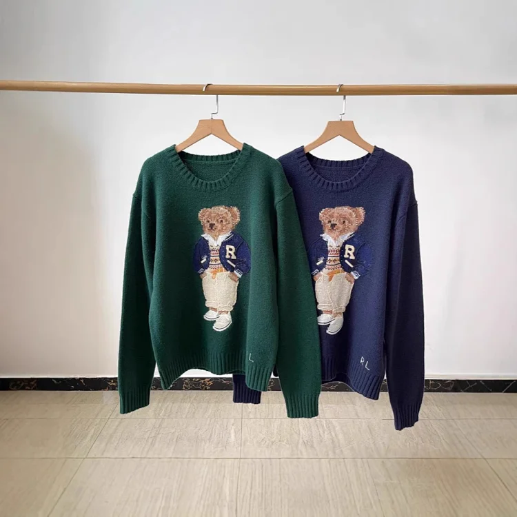 Xiaoma~Autumn and winter new R embroidered baseball uniform cartoon bear sweater loose lazy style versatile sweater(pic6) Xiaoma~Autumn and winter new R embroidered baseball uniform cartoon bear sweater loose lazy style versatile sweater