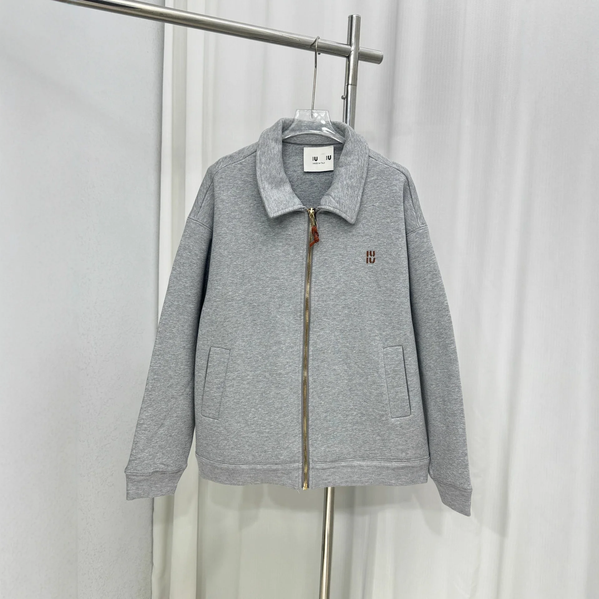 Nanyou high version MU thick plain knitted leather logo letter embroidered zipper jacket loose men's and women's jacket