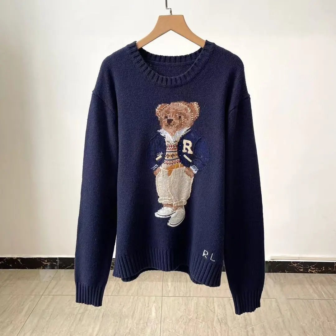 R Embroidered Baseball Jacket Bear Knit Sweater photo 3