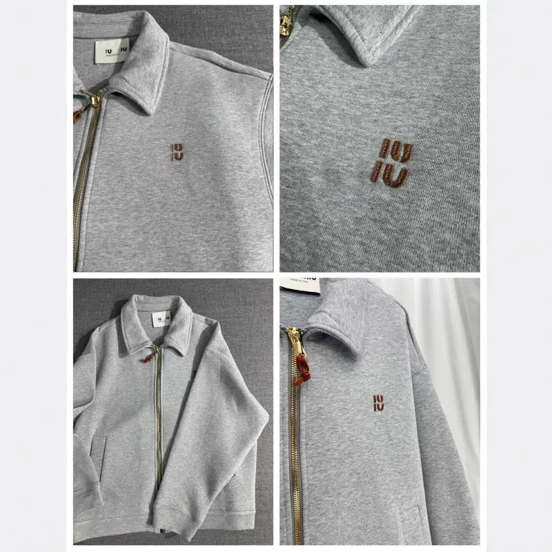 Nanyou high version MU thick plain knitted leather logo letter embroidered zipper jacket loose men's and women's jacket