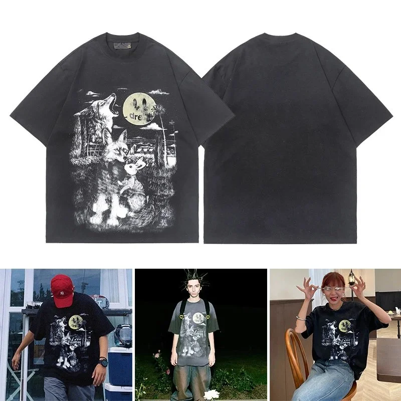 Currency Busters Drew Smiling Full Moon Big Bad Wolf Trendy Brand Men and Women Couples Pure Cotton Loose and Versatile Short Sleeve T-Shirt