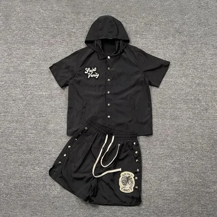 Saint letter towel embroidered hooded short-sleeved shirt casual shorts suit(pic20) Saint letter towel embroidered hooded short-sleeved shirt casual shorts suit