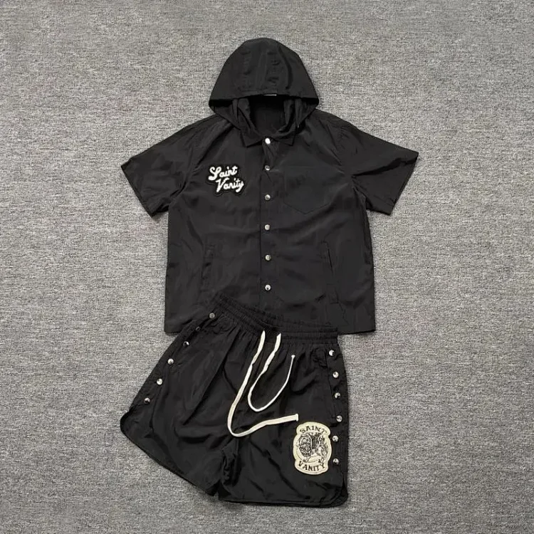 Saint letter towel embroidered hooded short-sleeved shirt casual shorts suit(pic8) Saint letter towel embroidered hooded short-sleeved shirt casual shorts suit
