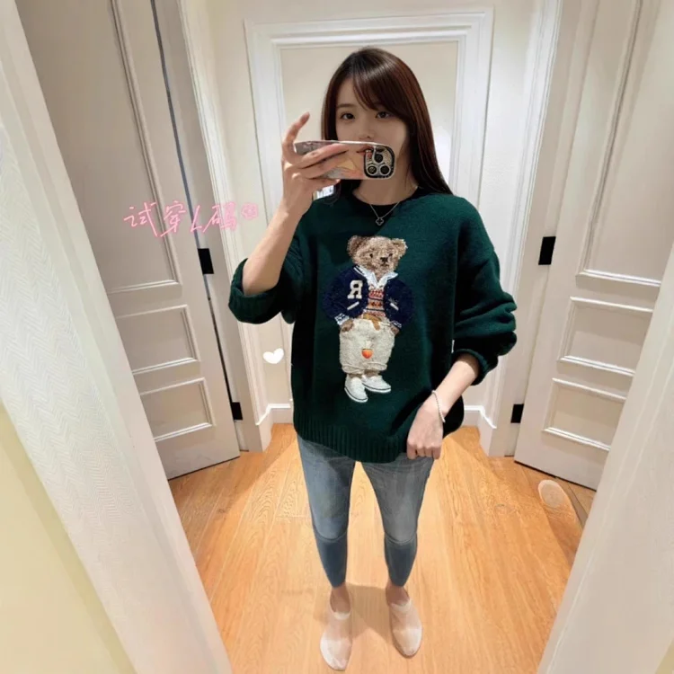 Xiaoma~Autumn and winter new R embroidered baseball uniform cartoon bear sweater loose lazy style versatile sweater(pic5) Xiaoma~Autumn and winter new R embroidered baseball uniform cartoon bear sweater loose lazy style versatile sweater
