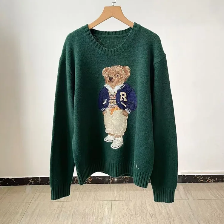 Xiaoma~Autumn and winter new R embroidered baseball uniform cartoon bear sweater loose lazy style versatile sweater(pic2) Xiaoma~Autumn and winter new R embroidered baseball uniform cartoon bear sweater loose lazy style versatile sweater