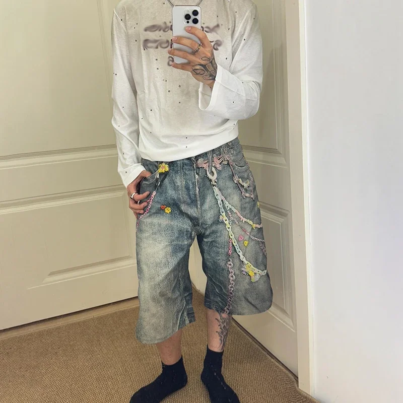 Ac style 3D digital print candy chain jeans cat whiskers distressed cropped pants straight wide leg shorts product image