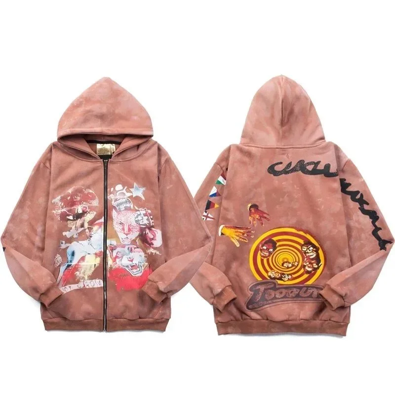 Velvet zipper sweatshirt, INS super hot, trendy, high street, retro, distressed, mud-dyed niche, Travis Scott tour commemorative autumn and winter pure cotton fleece cardigan, zipper hooded