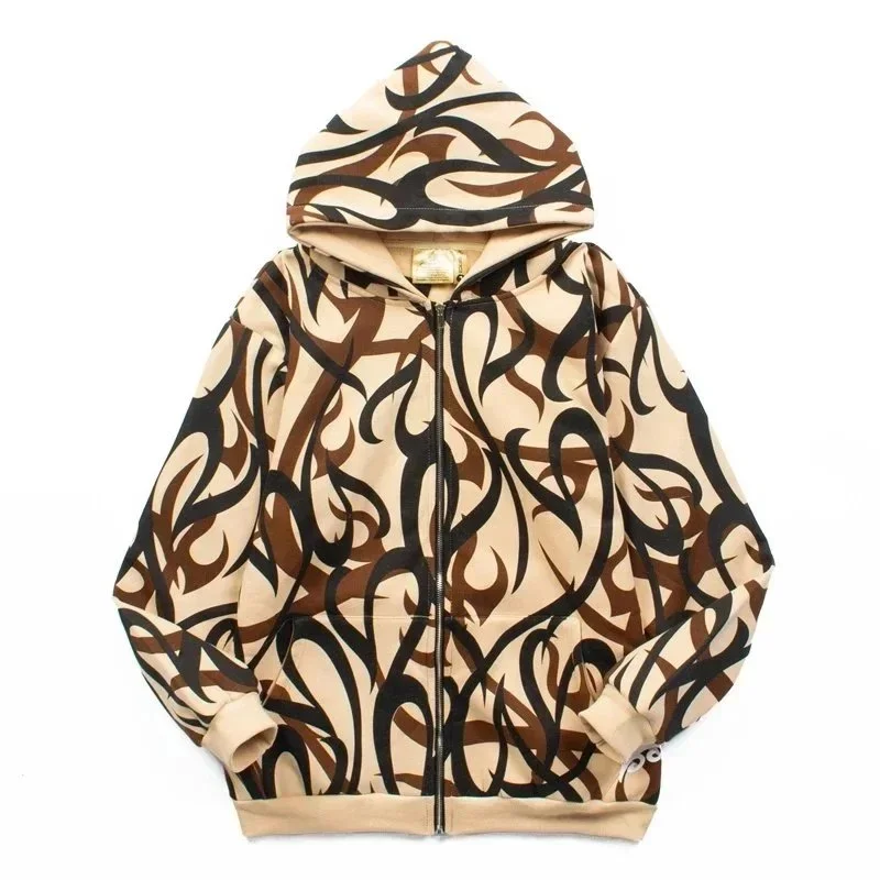 Velvet zipper sweatshirt European and American high street fashion brand hip-hop street ins star travis scott same style thorns all over print pure cotton fleece cardigan sweatshirt zipper h