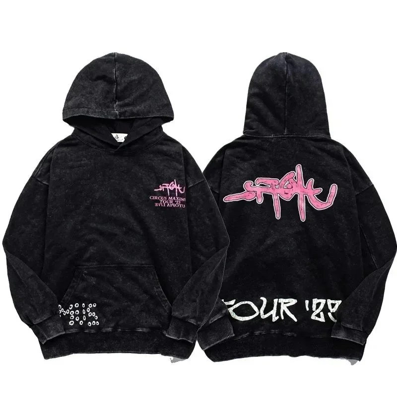 Autumn thin sweatshirt American Travis Scott Utopia Tour hooded sweatshirt abstract letter washed retro distressed hoodie ins super hot autumn and winter new cotton terry hoodie sweatshirt